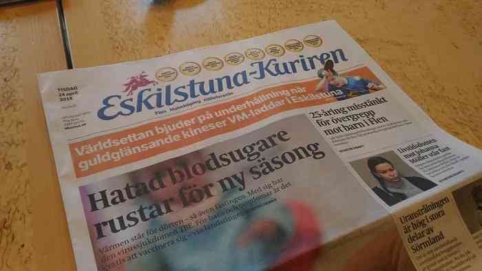 Первая полоса газеты Eskilstuna Kuriren.