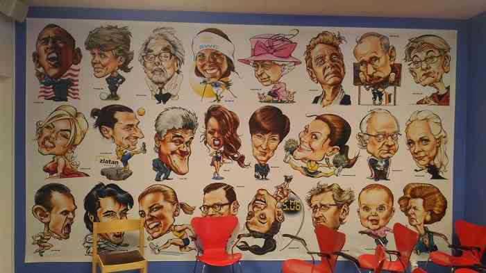 Карикатуры на известных людей на стене редакции таблоида Expressen. Здесь и Барак Обама, и Владимир Путин, и королева Великобритании Елизавета II, и «наше всё» для шведов — футболист Златан Ибрагимович.