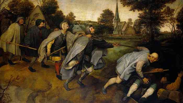 Картина Питера Брейгеля «Притча о слепых» (Голландия, 1568 год). Сюжет картины основан на библейской притче, суть которой: «Если слепой ведёт слепого, то оба они упадут в яму».